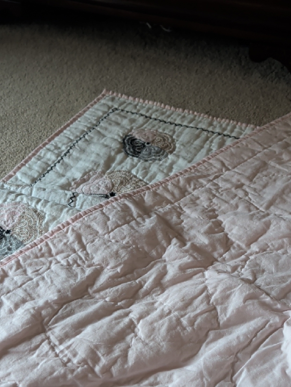 Two Pottery Barn Kids Crib Quilts with Pink and Gray Floral Embroidery - Picture 5 of 5